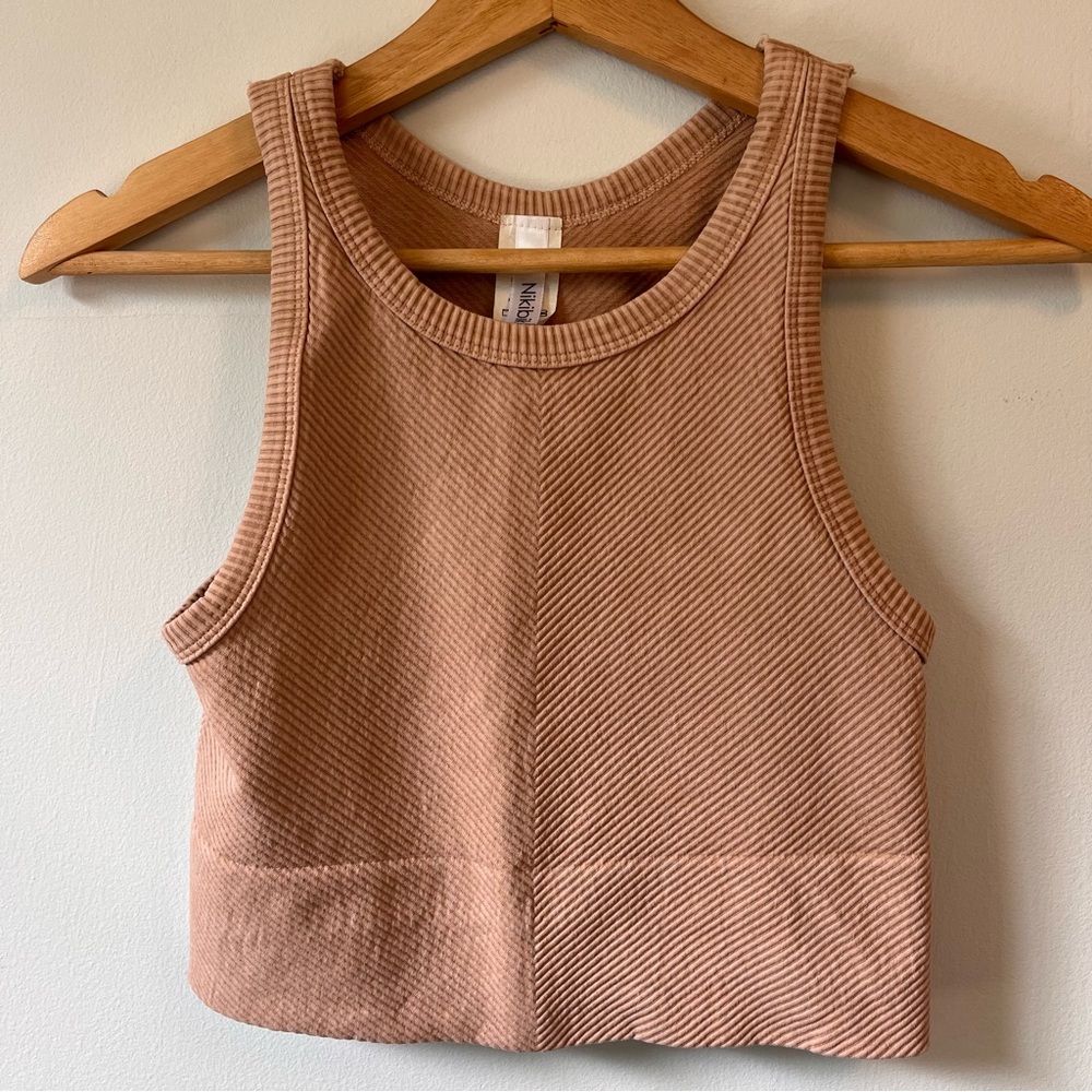 NIKIBIKI Vintage Tan Seamless Chevron Ribbed High Neck Crop Top